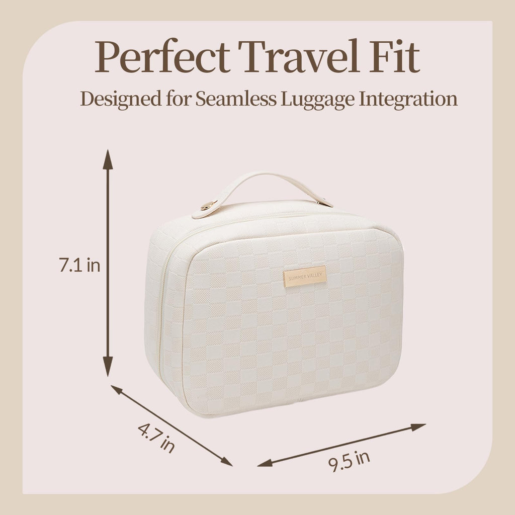 YDR Toiletry Bag with Brush Holder,Travel Makeup Bag Large Capacity Cosmetic Bag Organizer for Women Waterproof Checkered Multi-Compartment Makeup Case