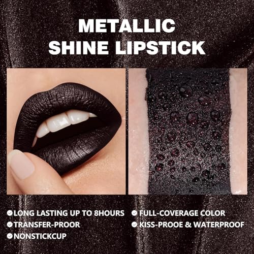 Long Lasting Waterproof Metallic Lipstick - Dark Mirage - Bold & Opaque
