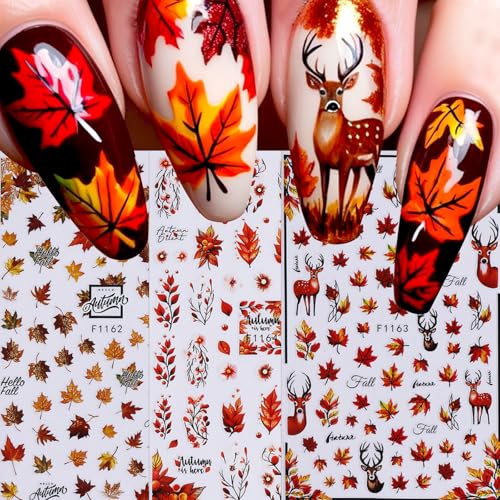 Fall Nail Stickers for Nail Art Maple Leaf Decals 6PCS Autumn Leaves Deer Design - Fall-03