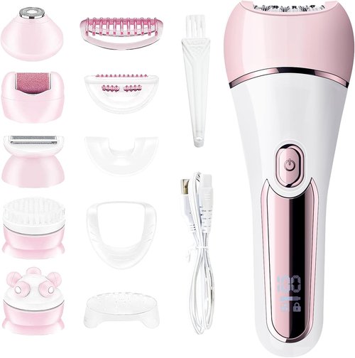Skiennix 6-in-1 Hair Removal Epilator - Waterproof Rechargeable Shaver & Facial Brush (Pink)