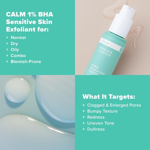 Paula’s Choice CALM 1% Sensitive Skin BHA Liquid Exfoliant, Salicylic Acid Lotion for Large, Clogged Pores, Calms, Soothes Redness, Suitable for Rosacea-Prone, Eczema-Prone Skin, Fragrance-Free, 3.3oz