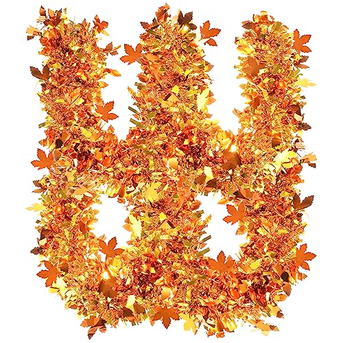 33Ft Fall Tinsel Garland with Maple Leaves, Metallic Twist for Thanksgiving Halloween Decor