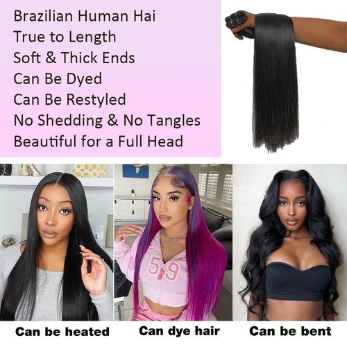 FMIDKOU 12A Straight Human Hair 8 10 12 Inch Human Hair bundles Unprocessed Brazilian Hair 3 Bundles Raw Human Hair Extensions Quick Weave Natural Color