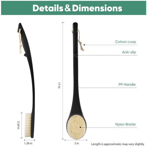 Back Scrubber for Shower, 17-Inch Shower Brush for Men and Women, Long Handle Exfoliating Body Brush, Medium Bristle Stiffness for Dry or Wet Brushing (Black)