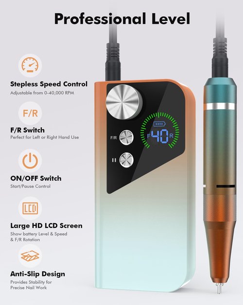 HOMEASY Nail Drill 40000RPM - Rechargeable Nail File with Bits, Professional E-Filer for Acrylic Nails, Gel Polishing, Manicure & Pedicure E File with Large HD LCD Screen - M96 Orange