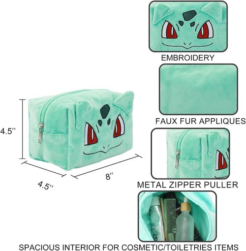 Bioworld Pokémon Bulbasaur Green Cosmetic Tote - Stylish 8" Toiletry Bag for Fans
