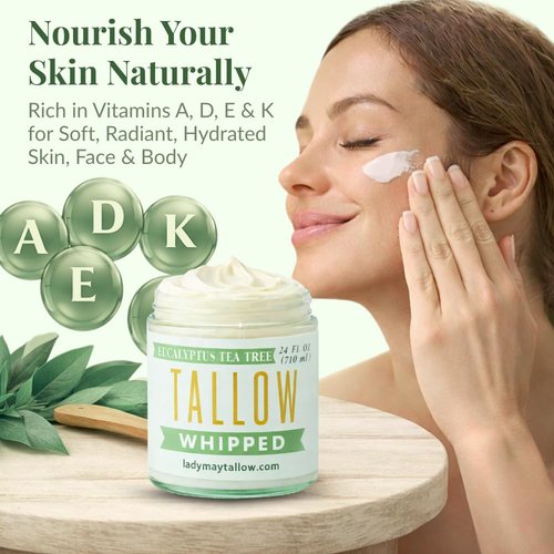 Lady May Tallow Whipped Tallow 24oz - All Natural Face Cream + Whole Body Moisturizer for Dry Skin - Made With Eucalyptus Oil - No Preservatives, Parabens or Seed Oils -USA Made (Eucalyptus Tea Tree)