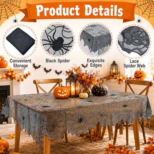 Halloween Spider Web Lace Tablecloth - 54x72 Inch Black Spooky Decor