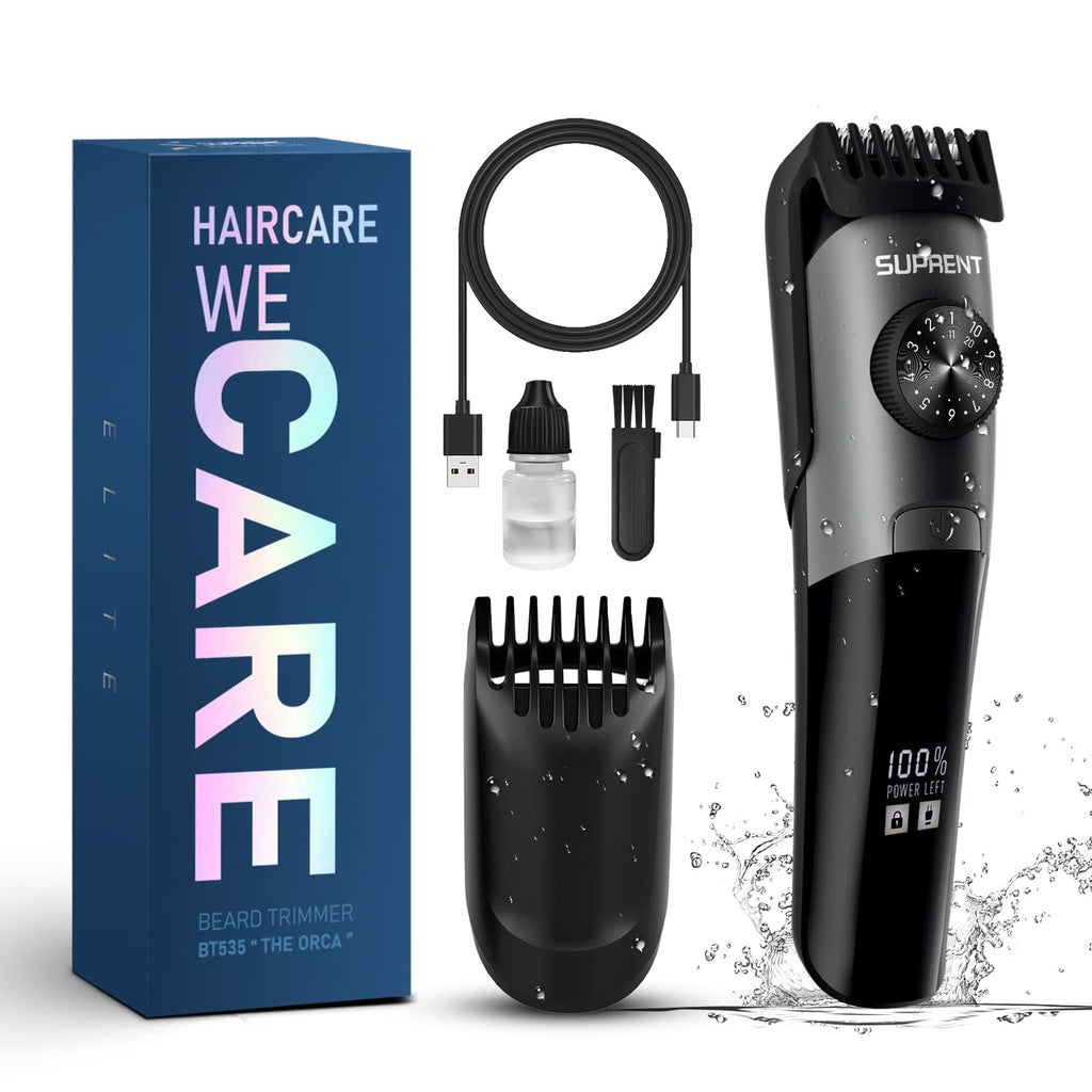 SUPRENT Beard Trimmer for Men - Waterproof IPX7 Mustache Trimmer with 39 Adjustable Lengths | Cordless USB-C Rechargeable & LED Display
