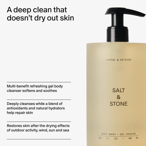 Salt & Stone Body Wash - Antioxidant-Rich Formula for Deep Moisture | Sulfate & Paraben Free, Santal & Vetiver, 15.2 fl oz