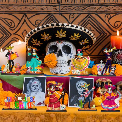 8Pcs Dia De Los Muertos Wooden Table Sign Decorations for Day of the Dead