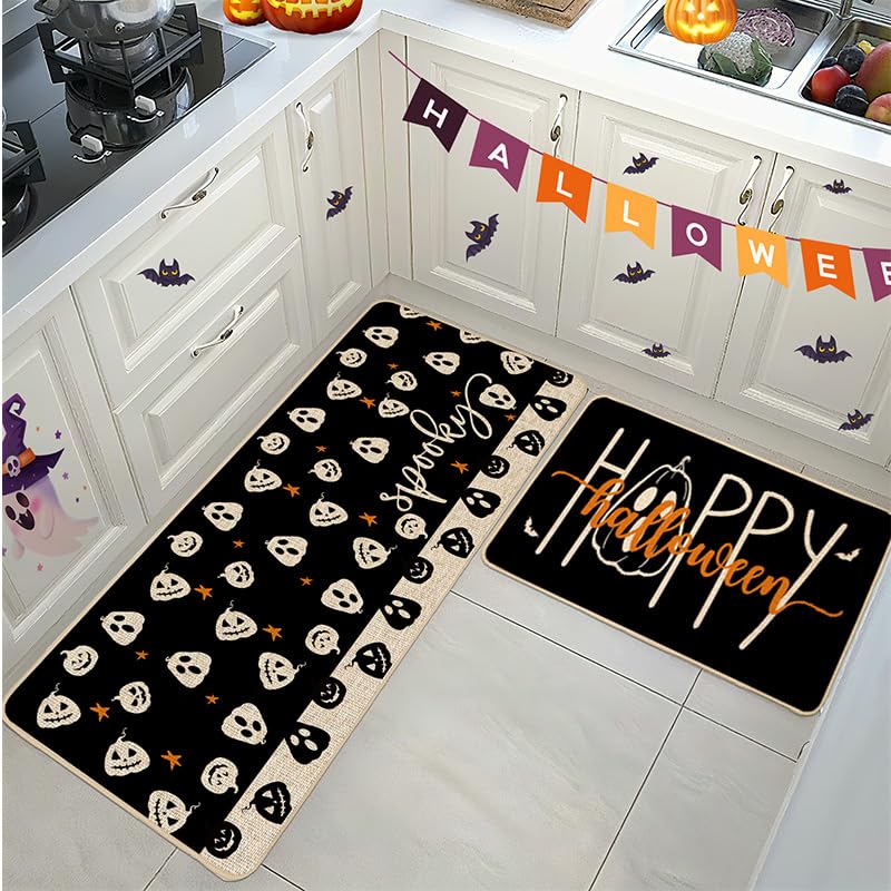 Halloween Pumpkin Kitchen Rugs Set of 2 - Spooky Pumpkins, 17x29 & 17x47 Inches