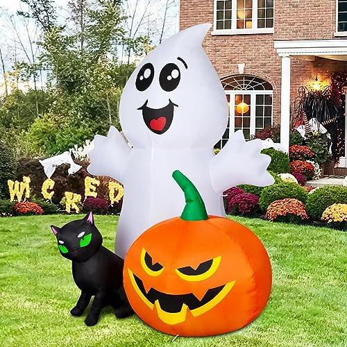 5FT Inflatable Ghost with Black Cat and Pumpkin Halloween Yard Decoration with LEDs
