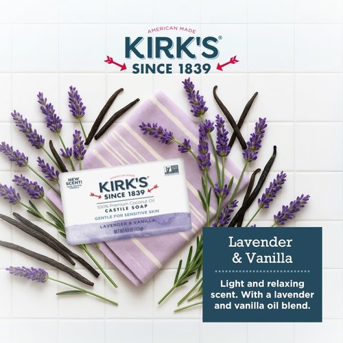 Kirk's Castile Bar Soap for Men, Women & Children - Made with Premium Coconut Oil, Sensitive Skin Formula, Vegan, Non GMO, Lavender & Vanilla, 4 oz. Bars 6 Pack