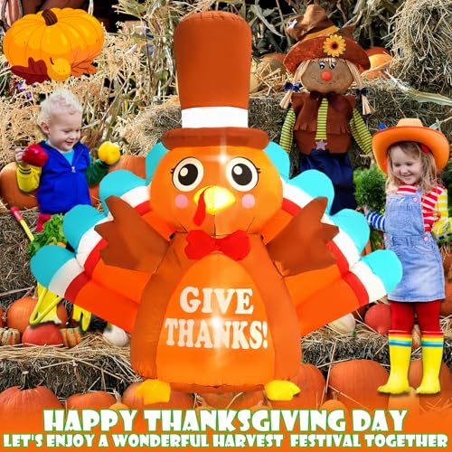 6FT Thanksgiving Inflatable Turkey with Blue Tail & LED Lights - Outdoor Holiday Decor