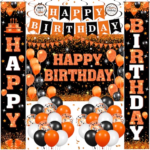 Orange and Black Birthday Party Decorations Set with Banner Balloons & Swirls