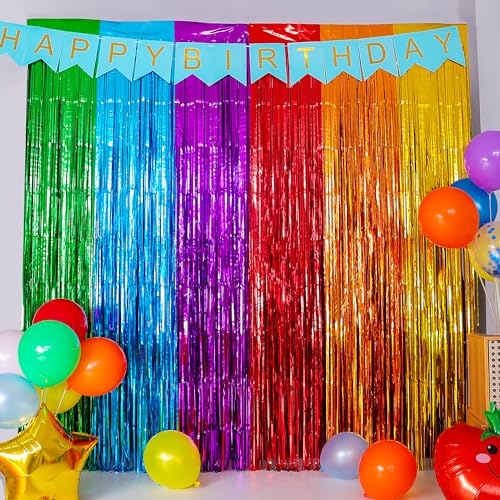 Rainbow Foil Fringe Curtains 2 Pack - Birthday Party Decorations 3.3x6.6 ft