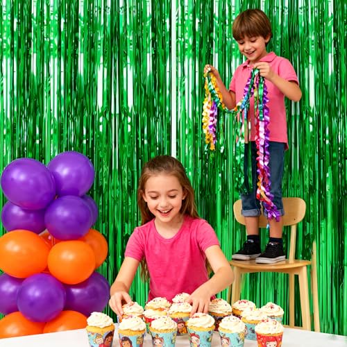 Green Rain Curtain Foil Fringe Backdrop for Party Decoration - 2 Pieces