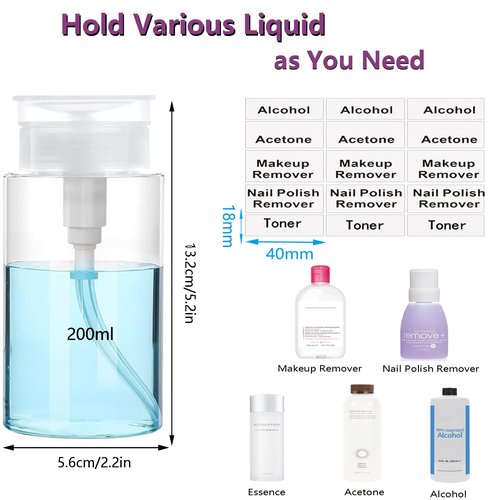 Push Down Pump Dispenser, 6.8oz Clear Pump Bottles with Alcohol, Acetone, Nail Polish Remover, Makeup Remover, Toner Stickers Empty Push Top Container for Liquid (200ml-4Pack)