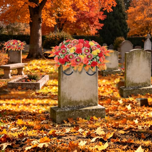 Fall Artificial Cemetery Flowers Headstone Saddle - Yellow, 23.6x17.7" with Bouquets & Vases