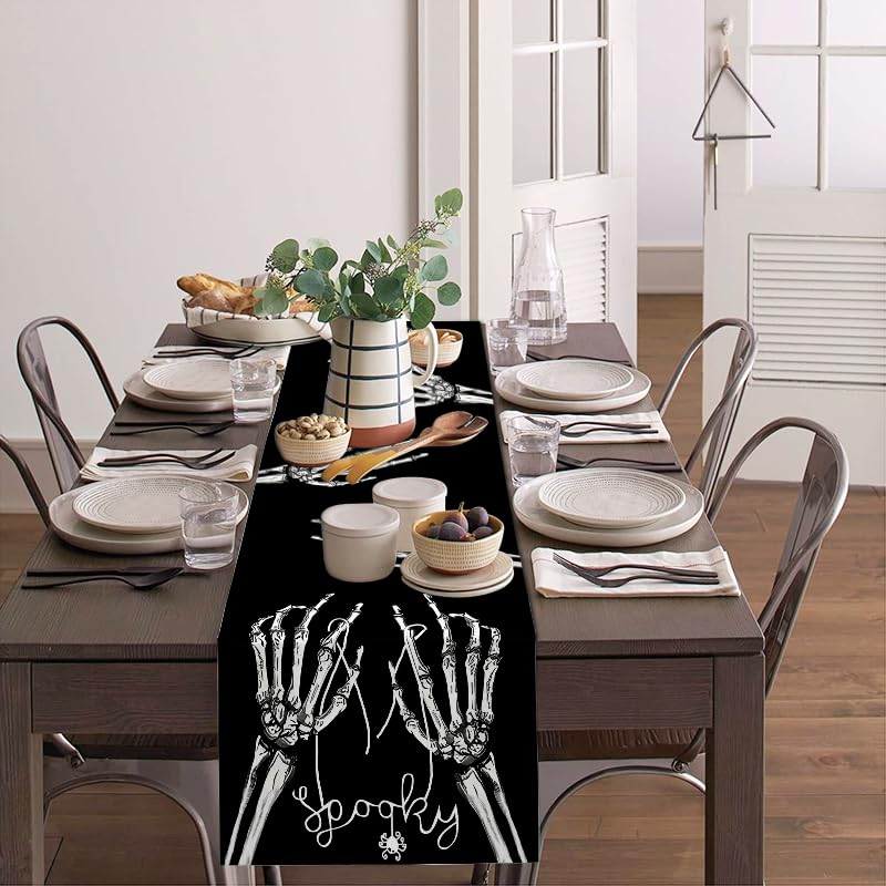 Halloween Skeleton Hand Table Runner 13x72 Inch - Black Decor for Dining