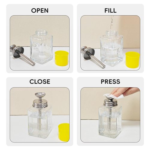 ffresiss Glass Acetone Dispenser, Push Down Pump Alcohol Dispenser with Metal Cover, Nail Polish Remover Liquid Pump Square Bottle Hand Pumping Rubbing Press Container, 6oz / 180ml
