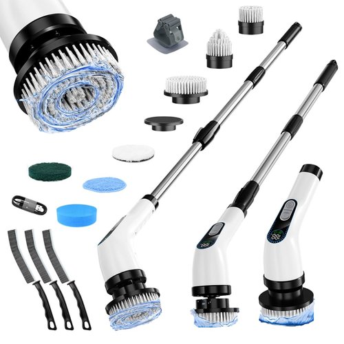 Electric Spin Scrubber Cordless – Powerful Bathroom Cleaning Brush with Long Handle, 2 Speeds, 3000mAh Rechargeable, 7 Brush Heads, Wall Hanger & Crevice Tools – Shower, Tub & Tile Cleaner