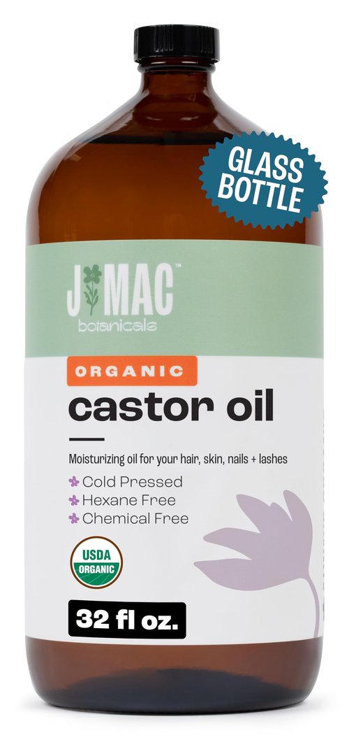 J MAC BOTANICALS, Organic Castor Oil Cold Pressed (Glass Bottle, 32 oz) pure unrefined, hexane free for face, skin, eyelashes, pack wraps, pads