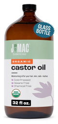J MAC BOTANICALS, Organic Castor Oil Cold Pressed (Glass Bottle, 32 oz) pure unrefined, hexane free for face, skin, eyelashes, pack wraps, pads
