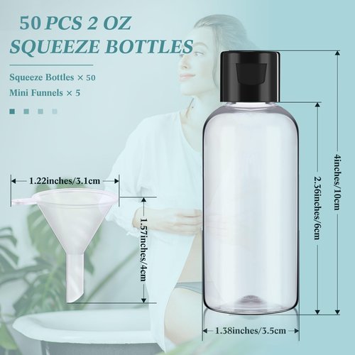 Mifoci 50 Pcs Small Plastic Bottles with Caps 2 oz Clear Empty Squeeze Bottle with Flip Cap Small Refillable Transparent Travel Dispenser Container for Shampoo Lotion Conditioner Liquid Soap