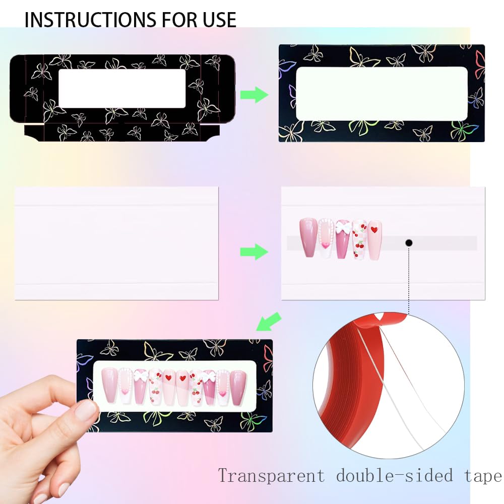Yazabai 74PCS Press on Nails Packaging Box Set Includes 35PCS Empty Nail Package Box 35PCS White Background Paper 1 Double Sided Tape and 3 Thank You Stickers for Press on Nail Business