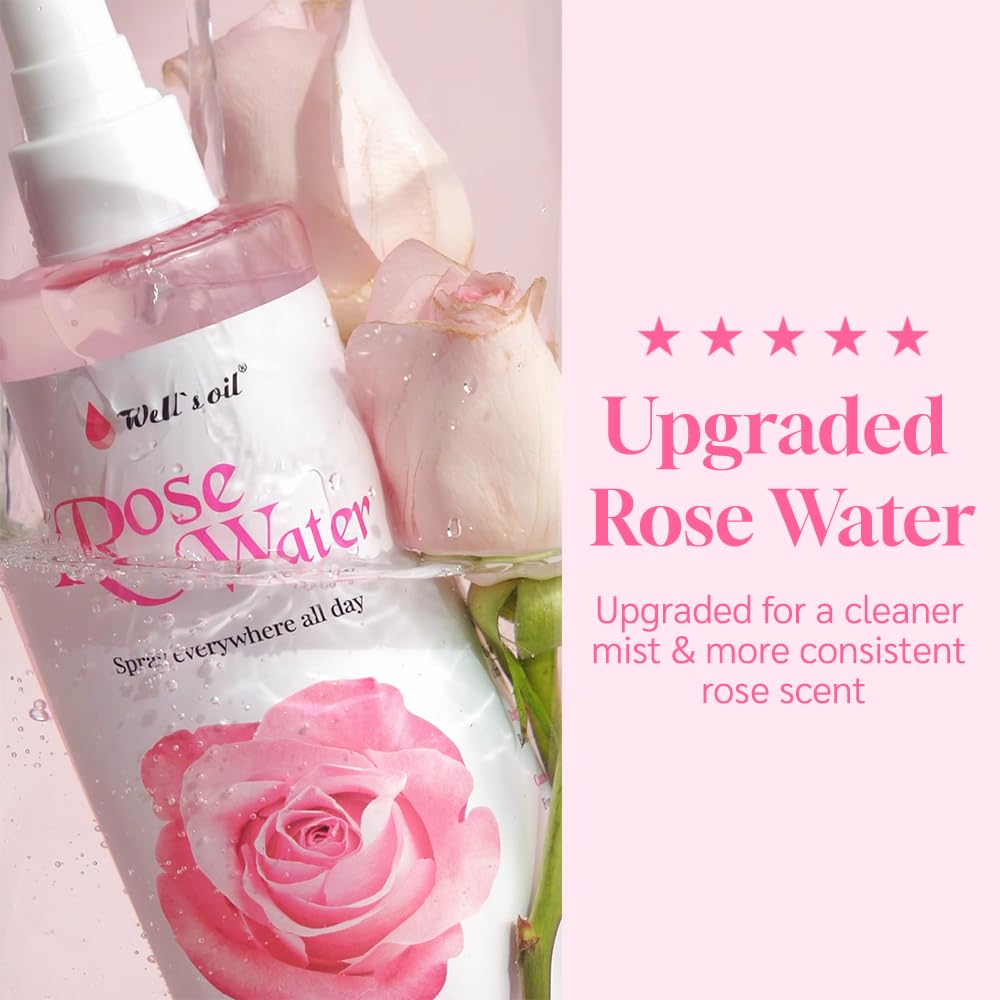 Well's Oil Rosewater Face & Hair Mist Spray (8 fl oz / 236 mL) | Floral Rosewater Hydrosol | Alcohol-Free