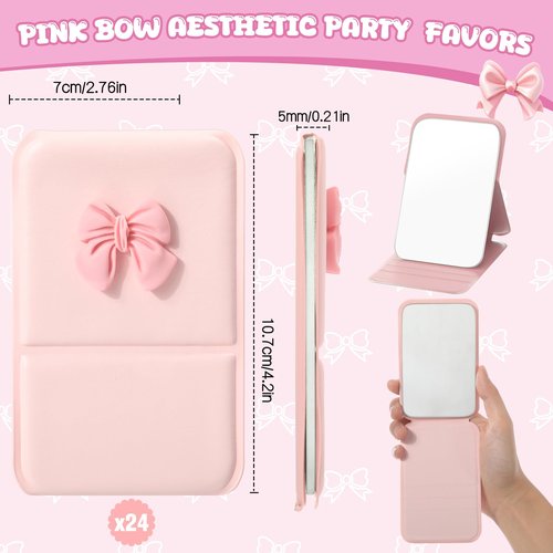 Amyhill 24 Pcs Party Favor Compact Fold Mini Mirror Preppy Bow Gift for Women Birthday Bridal Shower Bachelorette Graduation Party Supplies (Folding,Pink)