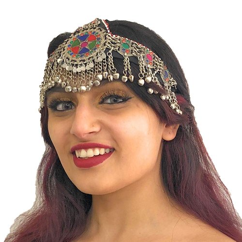 Duel On Jewel Ertuğrul Halima Turkish Kayi Tribal Afghan Kuchi Headpiece with Antique Finish Beads, Multicolor Stones, and Medallion Centerpiece - Costume Party Belly Dancing Gifts - Turkman Afghan