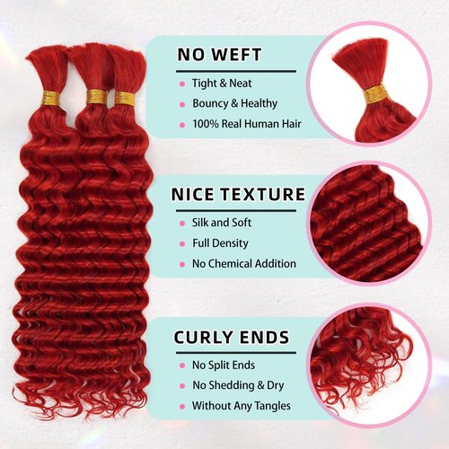 18 Inch Deep Wave Human Braiding Hair for Boho Braids – 50g 1 Bundles/Pack Red 100% Unprocessed 12A Brazilian Virgin Human Hair Bulk, No Weft, Wet & Wavy Curly Extensions