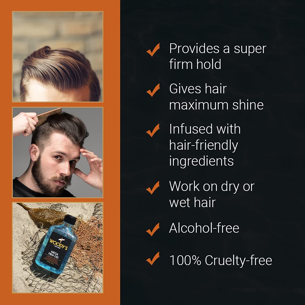 Woody's Mega Firm Hair Gel - Strong Hold, Alcohol-Free Formula for Flake-Free Styling | 12 fl oz