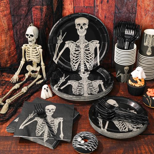 Halloween Skeleton Disposable Tableware Set for 25 Guests - Plates, Cups, Napkins, Cutlery