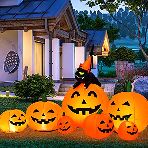 7.5Ft Halloween Inflatable Pumpkin with Witch, Black Cat & LED Lights - Outdoor Yard Decoration