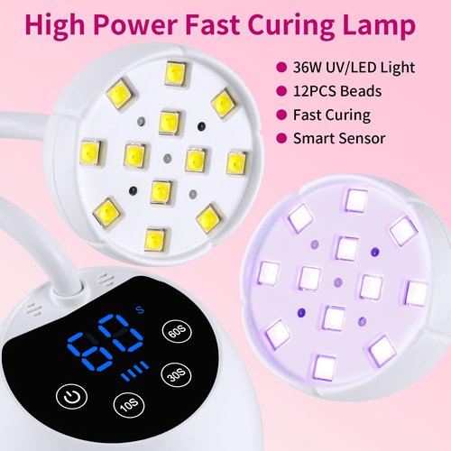 Kikugu UV Nail Lamp,36W Cordless Gooseneck UV Light Gel x Flash Cure Lamp with 3 Timers and Auto Sensor for Gel Polish Nail Art(White)