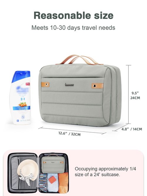 COOSKY Women's Hanging Toiletry Bag, Waterproof Travel Cosmetic Organizer with Jewelry Storage, Large Capacity Makeup Case for Full-Size Skincare & Bathroom Essentials, Portable Cosmetic kit, Grey