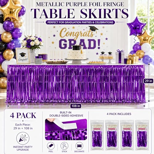 4 Pack Purple Foil Fringe Table Skirt - 29x108 Inch Metallic Tinsel Streamers