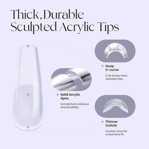 Five Angeles Tipex Instant Apex Nail Tips: Long Coffin, Full Cover Gel, Thicker Acrylic, Strong Hard Clear Pre-etched Press-on Nails