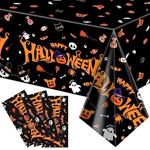 Halloween Tablecloths 3 Pack Black Happy Halloween Waterproof Plastic 54x108 Inches