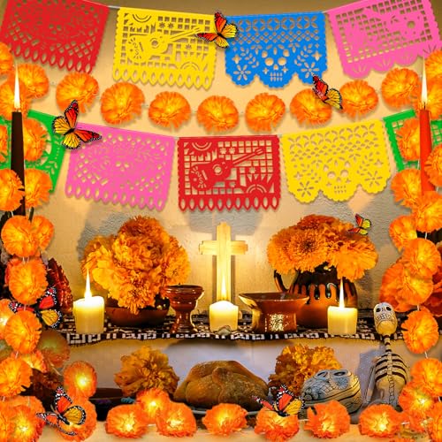 Artificial Marigold Garland Set with Lights for Dia de Los Muertos & Diwali Decorations - 40Ft, 80 Lights, Butterfly & Papel Picado
