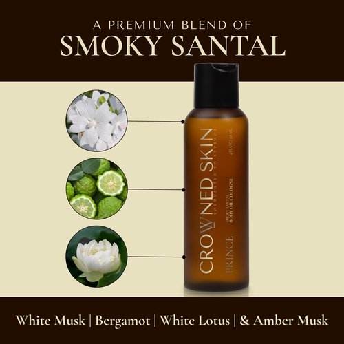 Crowned Skin Prince Body Oil Cologne for Men | Oceanic & Woody | New Moisturizing Formula Scented with White Musk & Bergamot | Infused with Natural Jojoba & Grapeseed Oil | All-Day Fragrance | 4oz