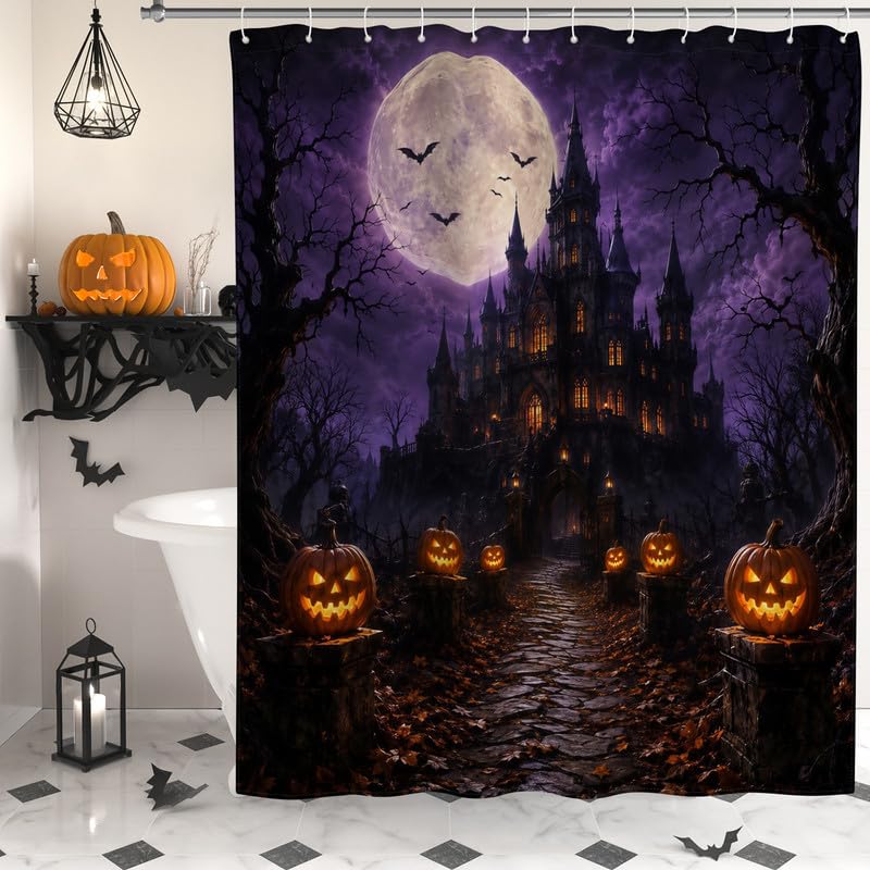 Violet Halloween Castle Shower Curtain with 12 Hooks - 72x72 Inches