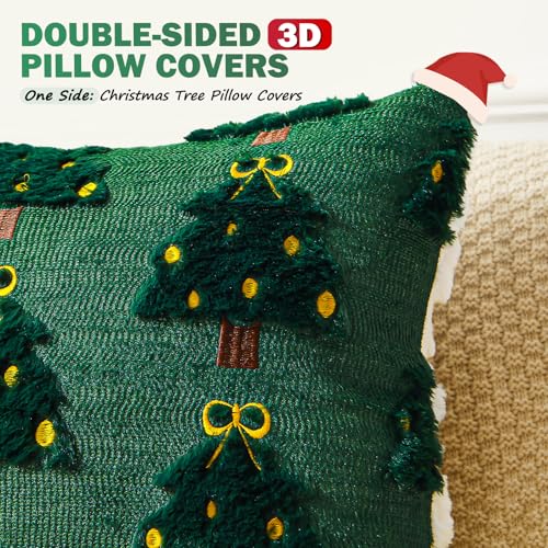 Green+ White 20x20 Inch Christmas Pillow Covers Set - Double-Sided 3D Embroidered Holiday Decor