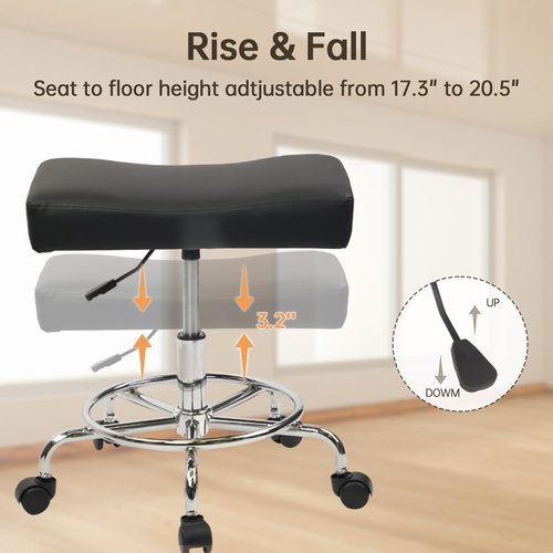 KLASIKA Heavy Duty Extra Wide Rolling Stool PU Leather Thickened Seat Cushion with Foot Rest Adjustable Height Swivel with Wheels for Spa Salon Tattoo Work Massage Barstool, Black, 1 Pack