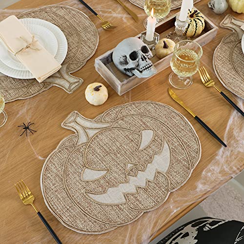 Halloween Placemats Set of 4 - Jack O'Lantern Burlap & Polyester Table Decor