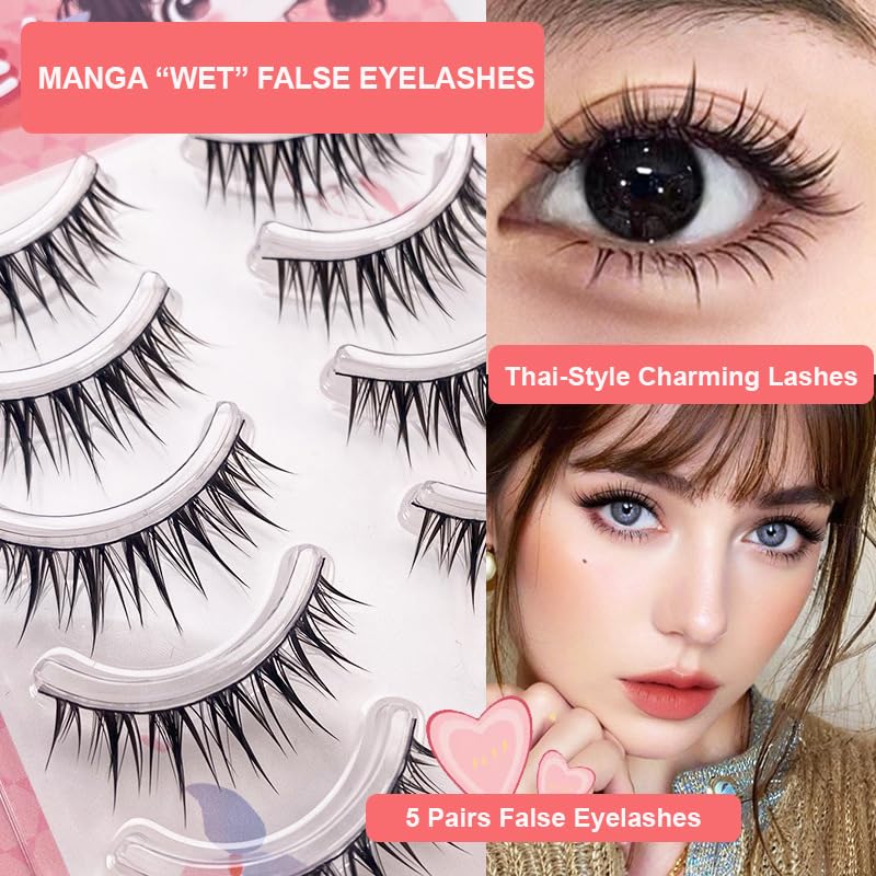 False Eyelashes Strip Cross Black Thin Band 7-14mm Natural Curl - 5 Pairs JM-WET5BK